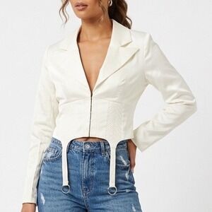 Naked Wardrobe The Statement Ivory Cropped Garter Blazer Small Womens